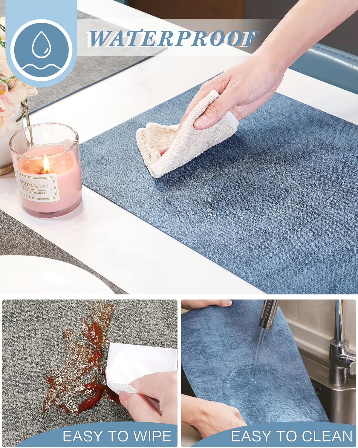 SUEH DESIGN Leather Placemats Set of 6 Reversible Table Mats Heat Resistant Waterproof No-Slip Place Mats for Dining Table Kitchen Parties