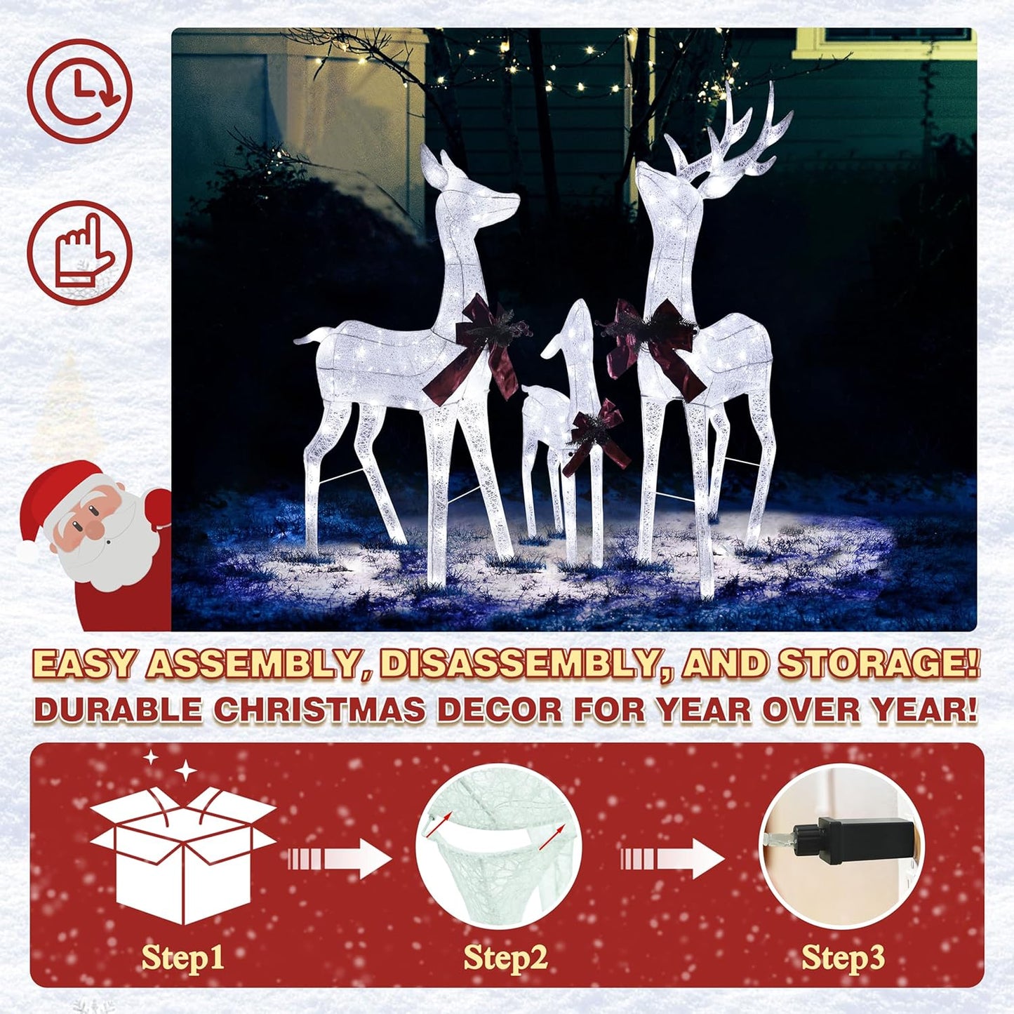 4.5FT Lighted Reindeer Family Set for Christmas Decoration, 3 Pieces Pre-Lit Iridescent Deer Xmas Decor with 200 LED Lights, 3D Glittered Standing Holiday Display for Outdoor, Indoor, White