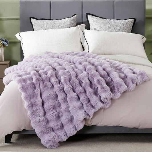 DREAMNINE Decorative Soft Fuzzy Faux Fur Throw Blanket for Couch Sofa 50" x 60", Reversible Plush Microfiber Thick Warm Fluffy Blankets for Winter, Cute Cozy Bubble Furry Blanket for Bed Chair, Purple