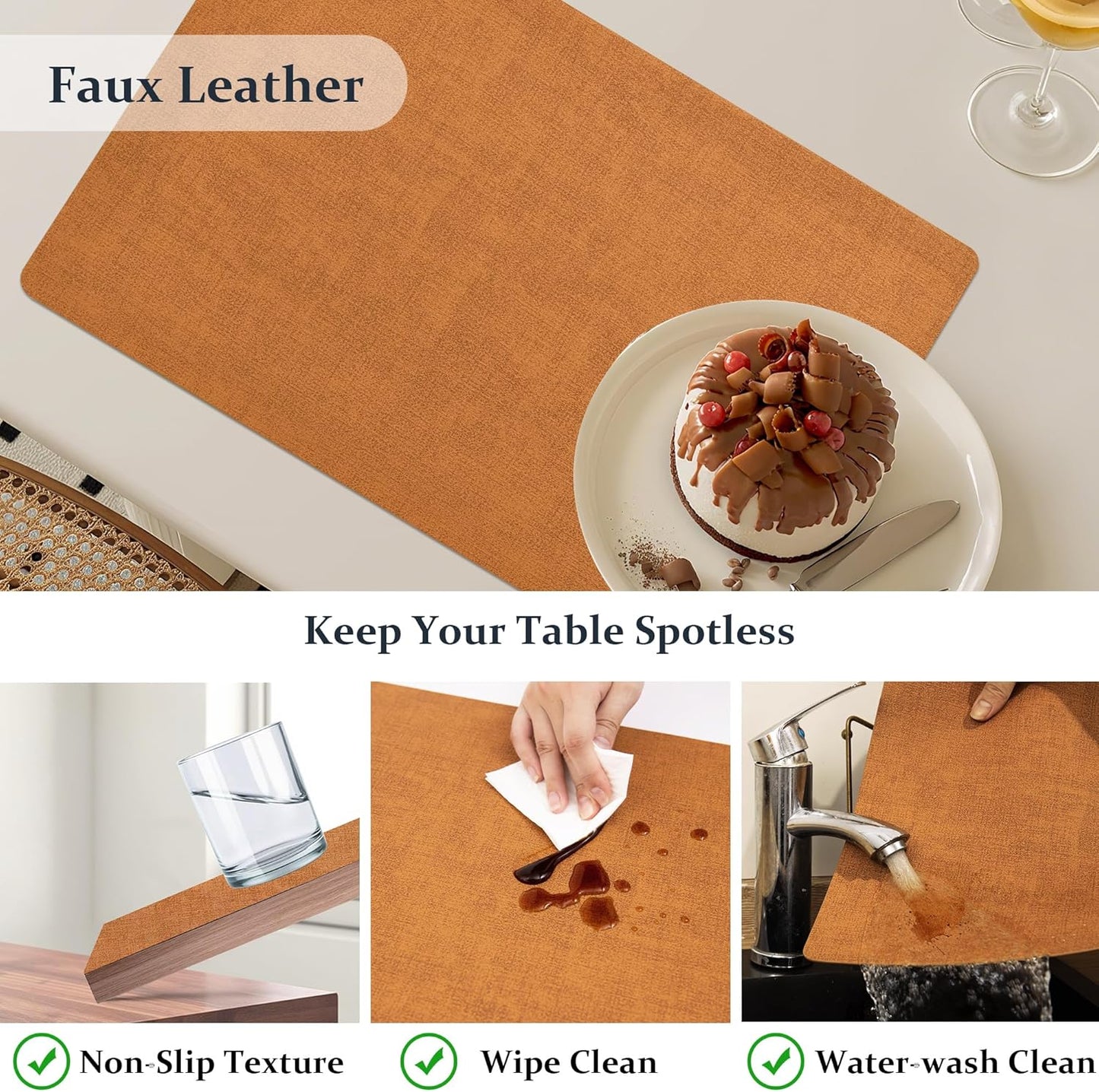 FROMHEART Faux Leather Placemats Set of 12–Waterproof,Heat/Oil Stain-Resistant PU Table Mat–Reversible,Non-Slip,Easy to Clean Place Mats for Kitchen,Dining,Indoor/Outdoor,(Orange-Grey,11.8" x 17")