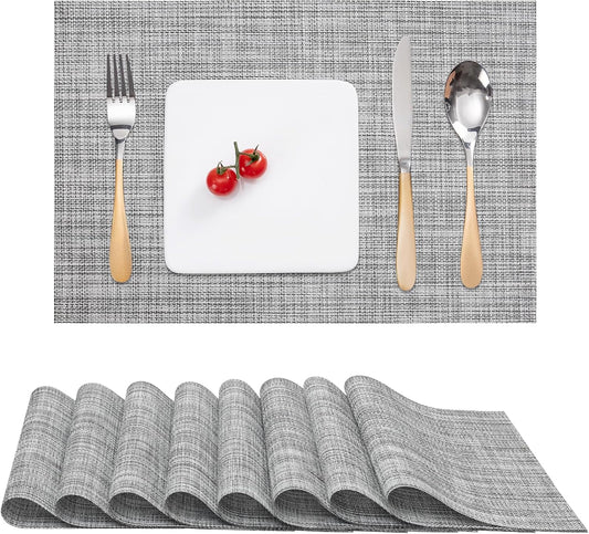 Myir JUN Placemats Set of 8, Vinyl Woven Placemats Place Mats Indoor Set of 8 Washable Table Mats Non-Slip Place mats for Dining Table (Light Gray, Set of 8)