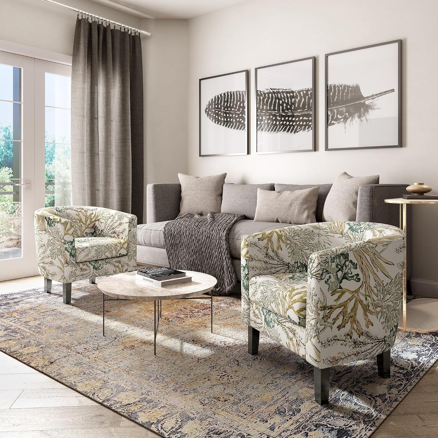 BELLEZE Living Room Chairs Set of 2, Linen Round Accent Barrel Chairs, Club Tub Sofa Chairs for Bedroom, Corner Chairs with Flared Legs and Cozy Soft Padding - Highland (Green Coral)