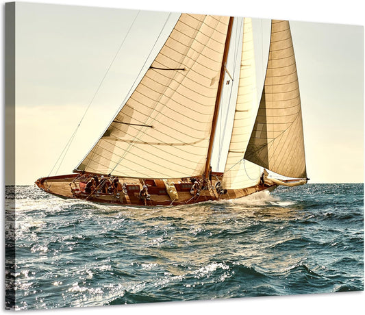 ARTISTIC PATH Nautical Sailboat Canvas Wall Art - Coastal Ocean Artwork Seascape Sailing Prints Wave Boat Picture Sunset Marine Ship Painting for Bedroom