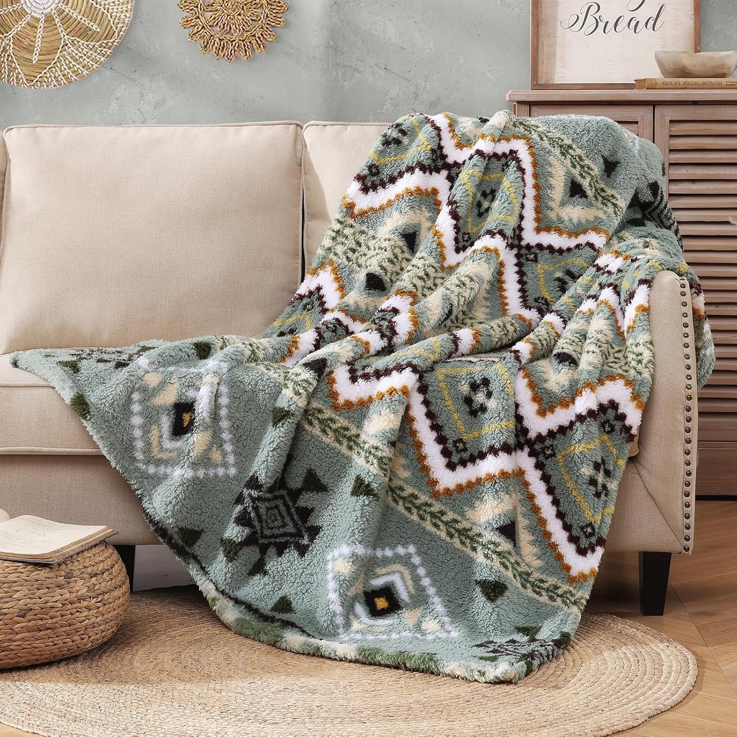 CASAAGUSTO Boho Sherpa Throw Blanket, Aztec Throw Blanket,Ultra Soft, Warm, Cozy, Plush, Thick Fleece Blanket for Couch, Bed, Sofa (Olive Green 50 * 60 Inch)