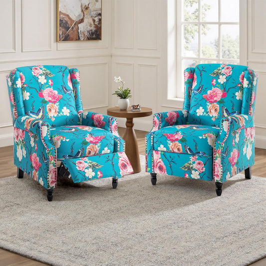UIXE Floral Pushback Recliner Chairs Set of 2, Fabric Upholstered Armchair Push Back Accent Chair for Living Room, Rivet Trim Club Chair Home Theater Single Sofa Reading Seat - Peacock Blue