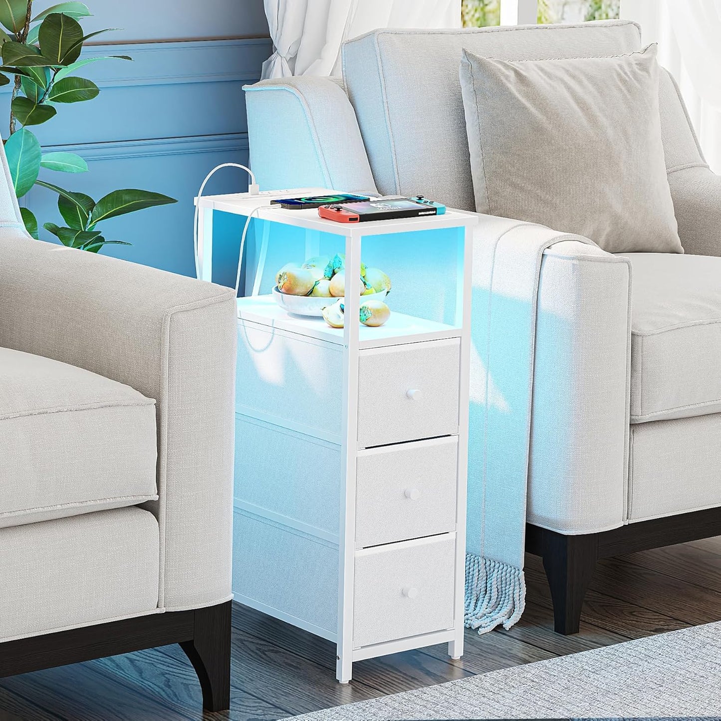 TUTOTAK Narrow LED Night Stand with Charging Station, Slim End Table with Plugins, Tall Side Table with 3 Fabric Drawer, Small Bedside Table with Storage, Set of 2, for Living Room, White TB01BW073L