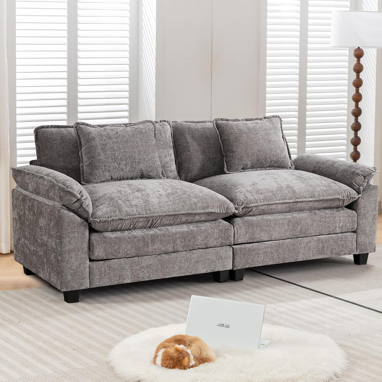 URRED Modular Sectional Sofa Comfy Cloud Couch, Modern Chenille Sofa Sleeper Deep Seat Couches with Ottoman/Pillows for Living Room (Gray, 82.6'')