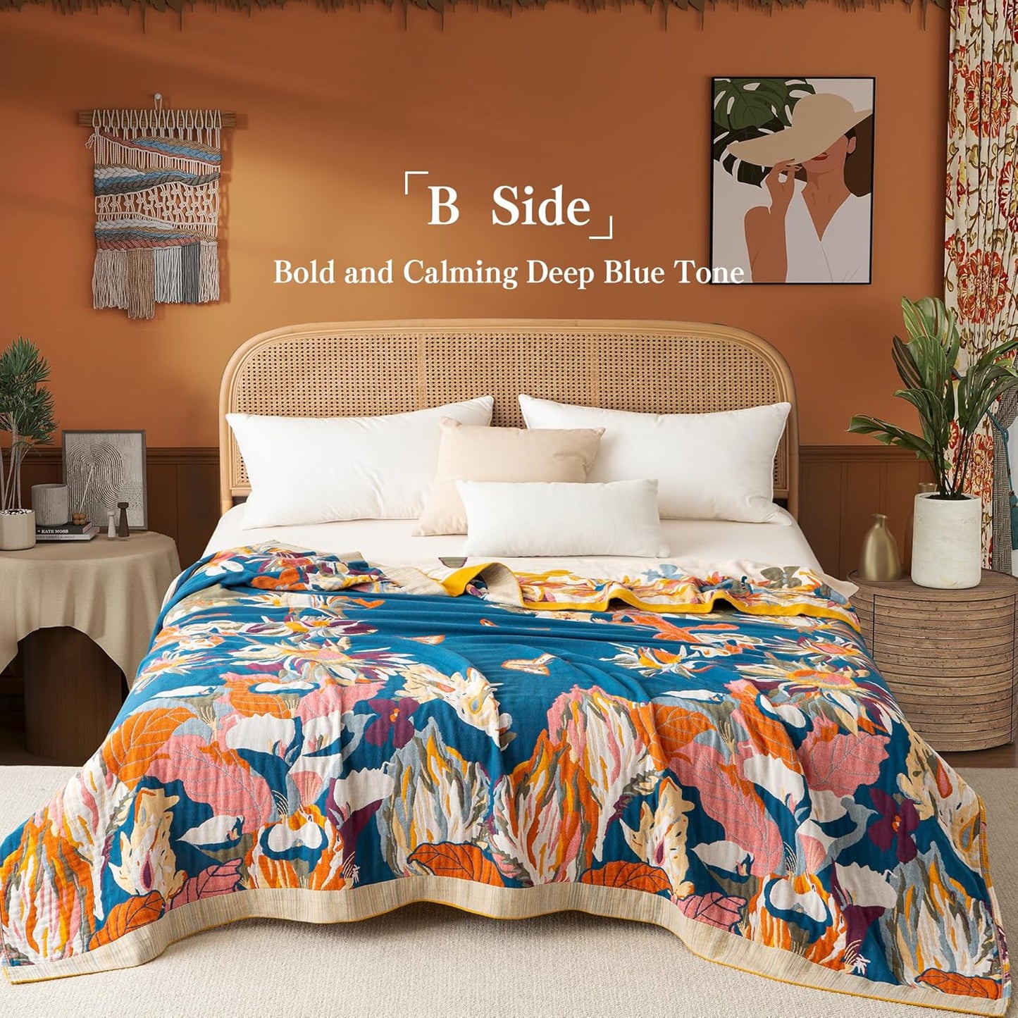 Boho Throw Blanket Throw Size, Soft Cozy Cotton Muslin Quilt Blanket for Bed Decor, Floral Patterned Couch Sofa Chair Cover, Vintage Farmhouse Cottage Tapestry Woven Blanket, Yellow&Blue