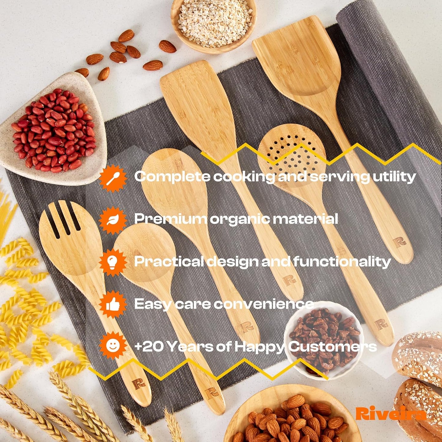 Riveira Brown Bamboo Wooden Spoons for Cooking Set of 6 – Natural Brown Bamboo Wooden Cooking Utensils, Wooden Spatula, Wooden Spoon - Premium Quality Wooden Utensil Set for Non-Toxic Cooking