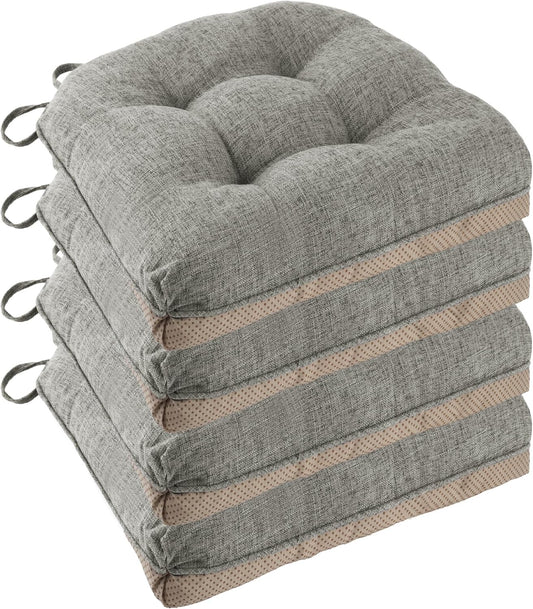 Non Slip Chair Cushions for Dining Chairs Set of 4 Kitchen Chair Cushions 18"x18"x3" Turfted Chair Pads Comfortable and Soft Seat Cushion with Ties, Light Grey