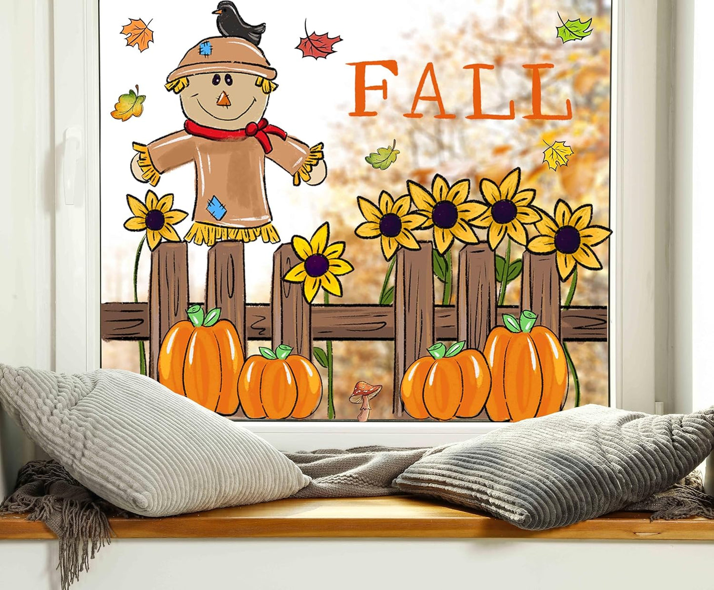 6 Sheets Fall Window Clings Fall Watercolor Pumpkin Maple Leaves Scarecrow Owl Sunflower Window Stickers for Autumn Thanksgiving Harvest Home Window Decals Decor