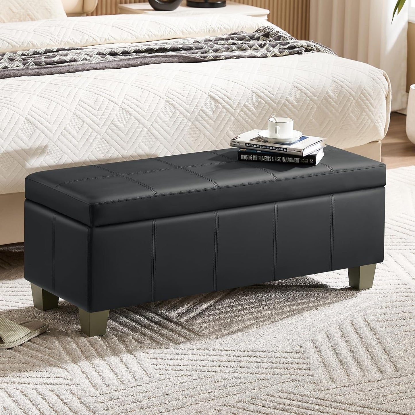 41" Faux Leather Storage Ottoman, Stitch Tufted Rectangle Upholstered End of Bed Storage Bench, Entryway Large Couch Ottoman with Wooden Legs, Dark Black