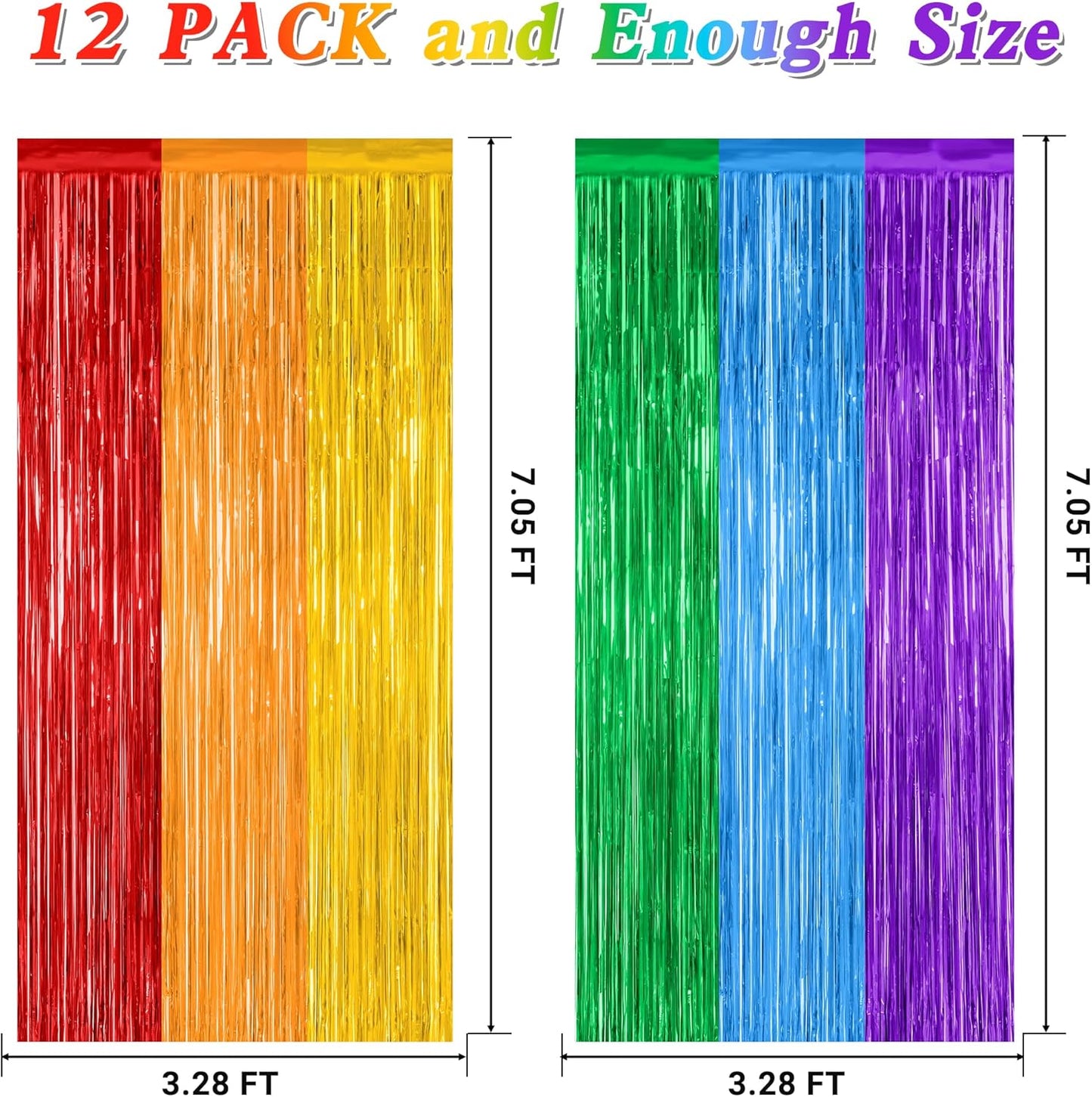 12 Pack Rainbow Backdrop, 3.28 FT x 7.05 FT Pride Decorations, Metallic Fringe Curtains Party Streamer Tinsel Backdrop, Rainbow Foil Curtains Birthday Party Decor Photo Booth Props