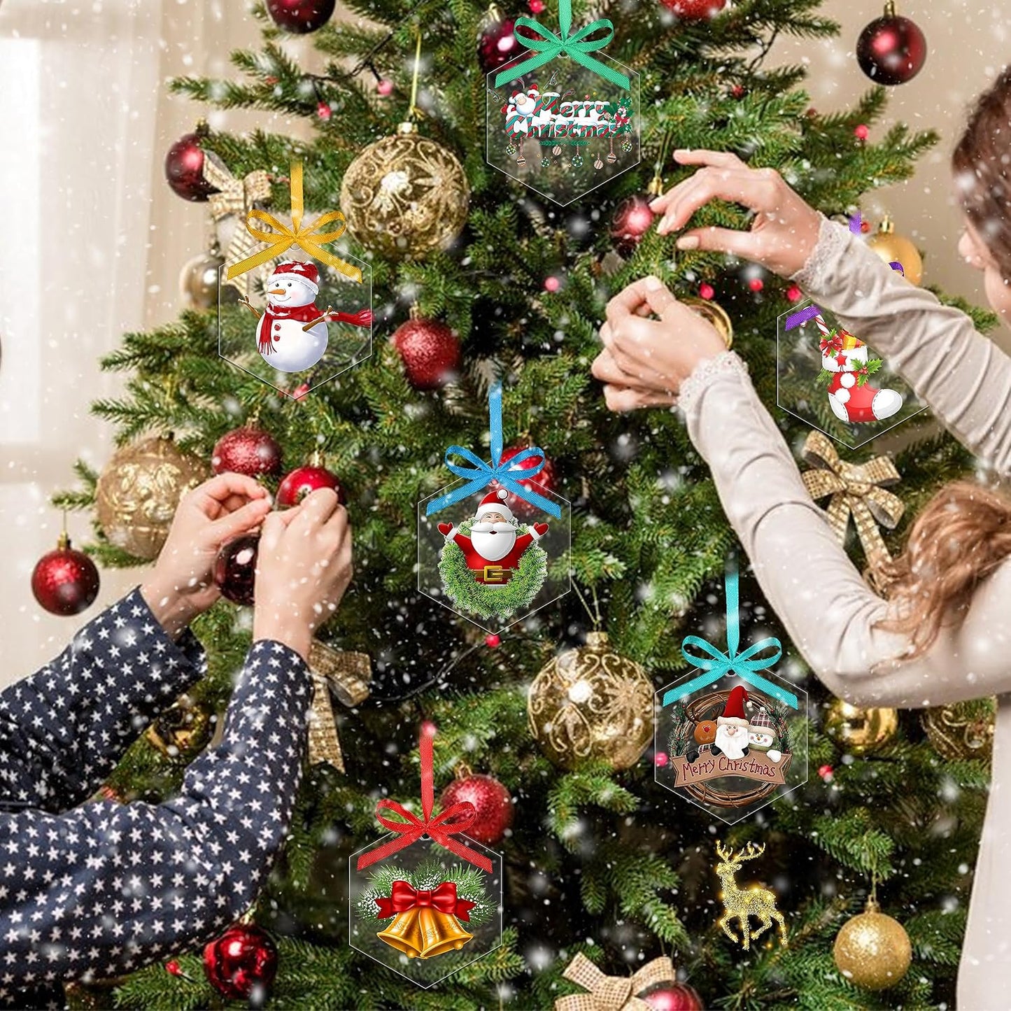 40 Pieces Christmas Hanging Ornaments Set 3''Christmas Ornament Acrylic Blank with 50Pcs 25 Color Ribbons for Christmas Tree DIY Decor (Classic Hexagon, 40.00)