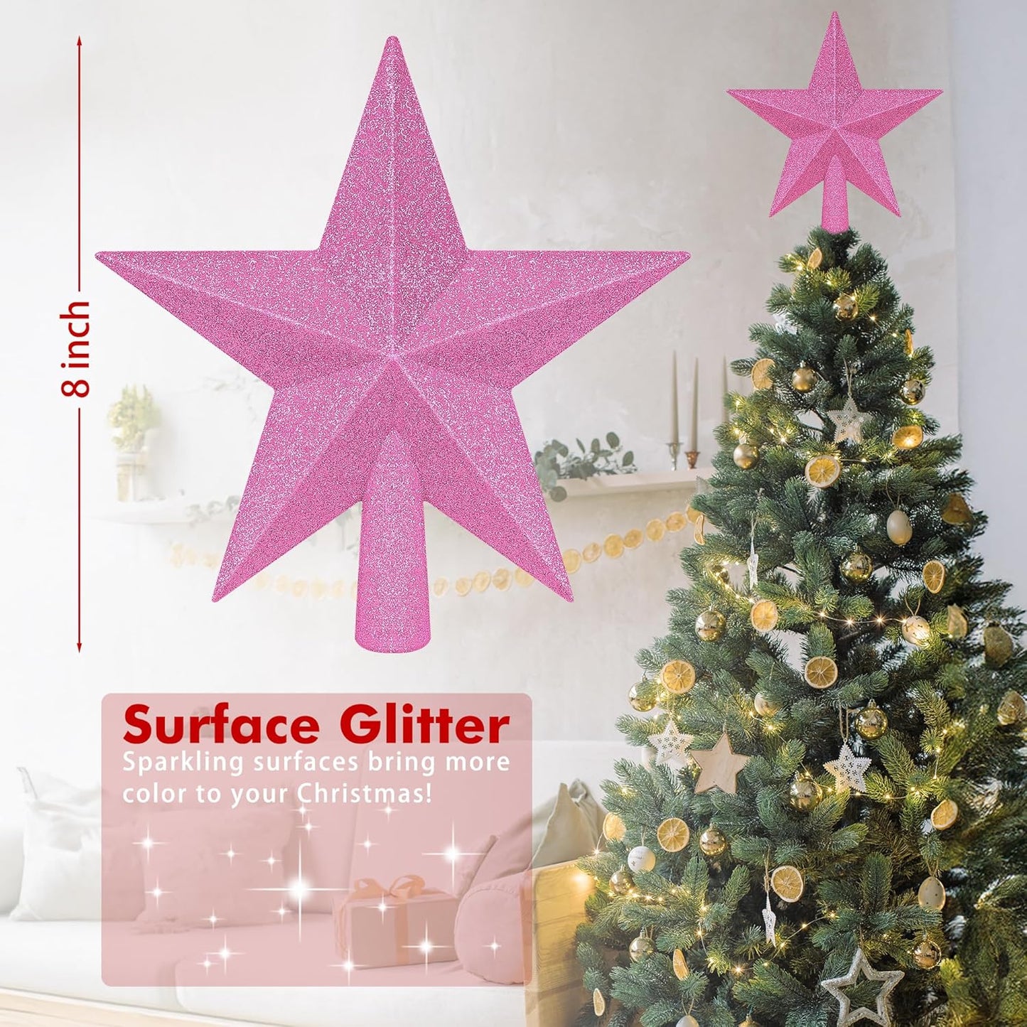 Christmas Tree Decoration, 8" Pink Christmas Tree Topper Star Accessories, Xmas Glitter 3D Bethlehem Tree Ornament, Waterproof Holiday Christmas Tree Topper Star Decorations for Home Indoor Outdoor