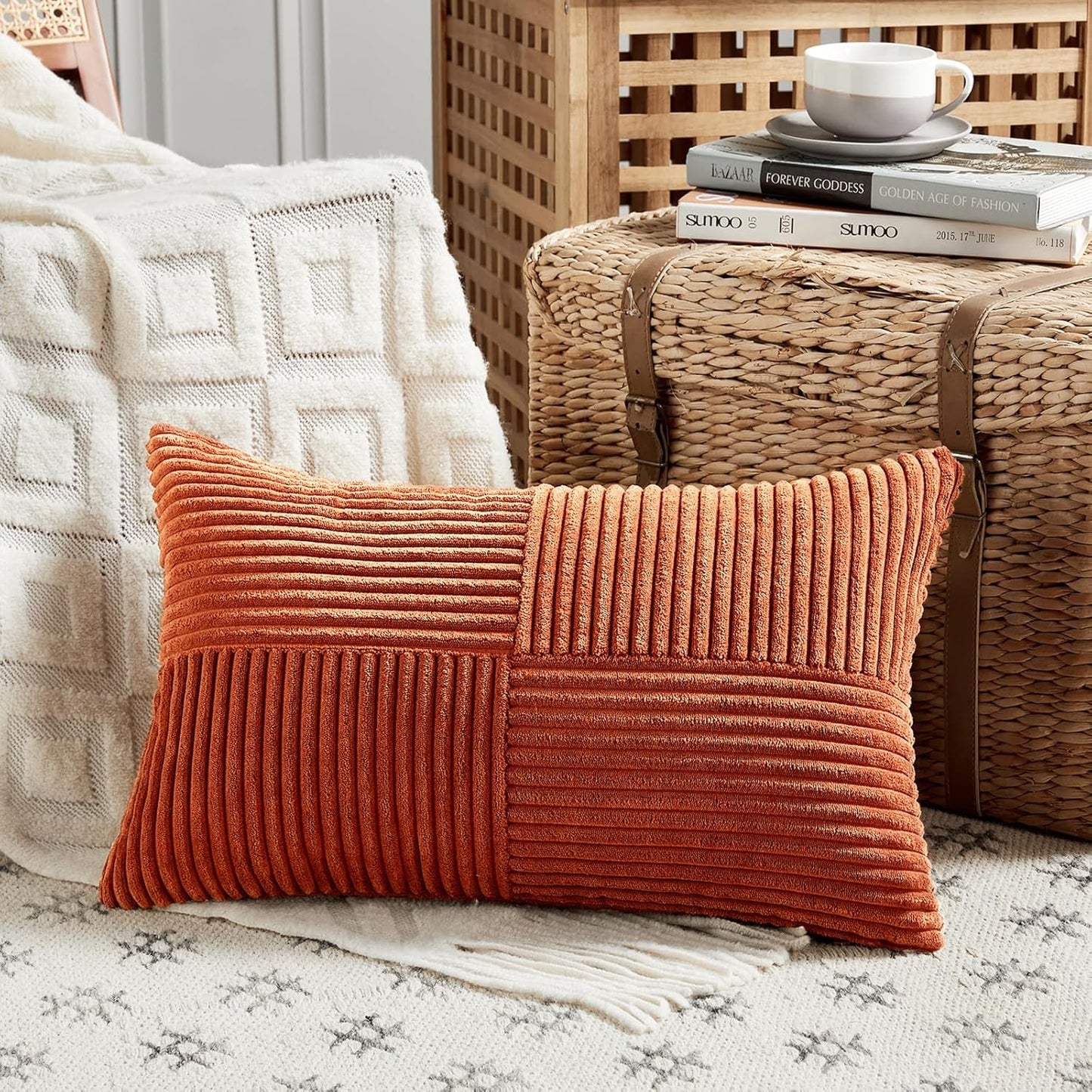 Fancy Homi Set of 2 Burnt Orange Long Lumbar Decorative Throw Pillow Covers 12x24 Inch for Living Room Couch Bed, Boho Farmhouse Fall Home Decor, Soft Corduroy Corss Textured Cushion Case 30x60 cm