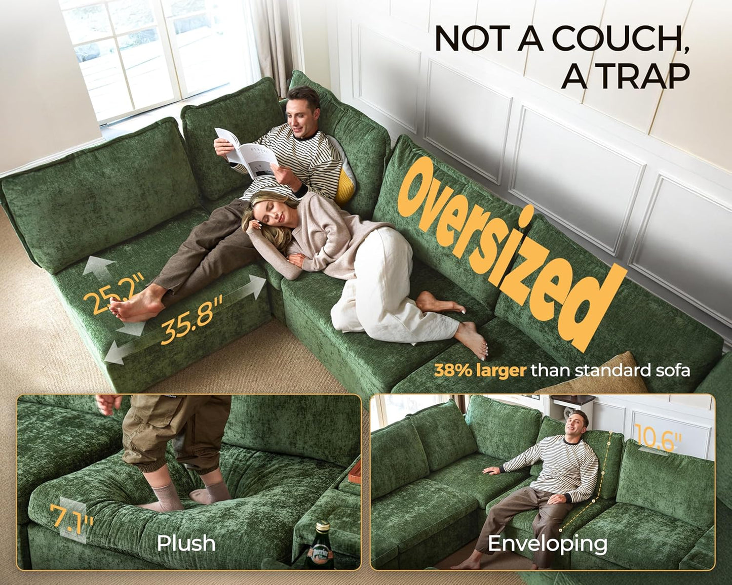 Oversized Modular Sofa Comfy Cloud Couch with Storage, Extra Deep Plush Sectional Sofa Set for Living Room, Covers Washable, Chenille, Olar (Green, 4-Seater with Ottoman, l-Shaped)