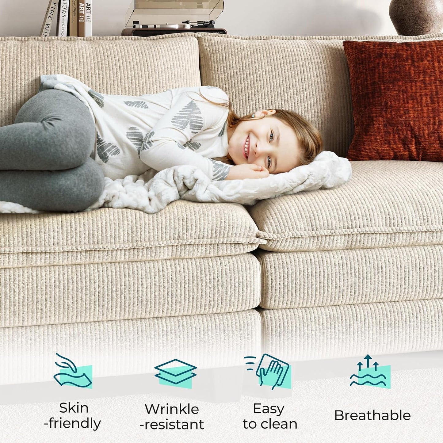 LINSY HOME Modular Sectional Sofa - 157'' Sleeper Sofa Cloud Couch Oversized Corduroy Sofa Bed with Movable Ottoman Soft Modern Comfy Couch for Living Room Apartment Office, Beige