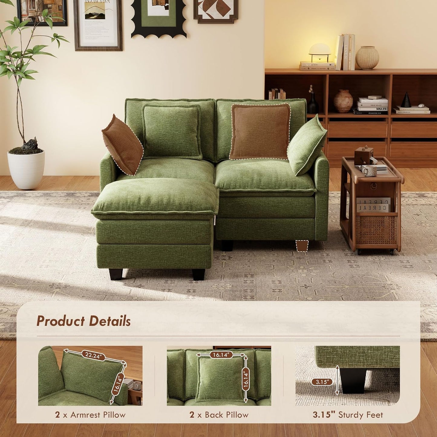 Ihanherry 57" L Shaped Modular Sectional Cloud Sofa, Modern 3 Seat Chenille Couch with Ottoman for Living Room, Bedroom and Apartment, Green