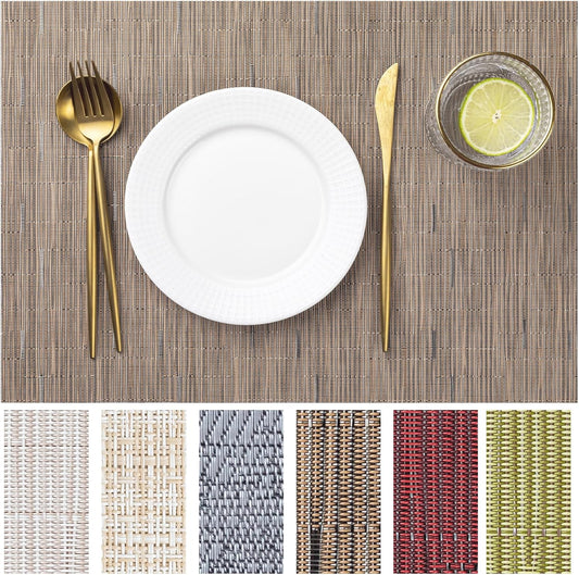 LEXMORE Placemats Set of 8 Vinyl/Plastic Woven Place Mats for Kitchen Table Indoor/Outdoor Washable Placemat Wipeable Dining Table Mats(Light Brown)