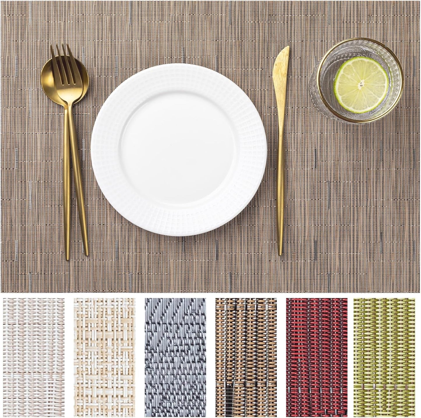 LEXMORE Placemats Set of 12 Vinyl/Plastic Woven Place Mats for Kitchen Table Indoor/Outdoor Washable Placemat Wipeable Dining Table Mats(Light Brown)
