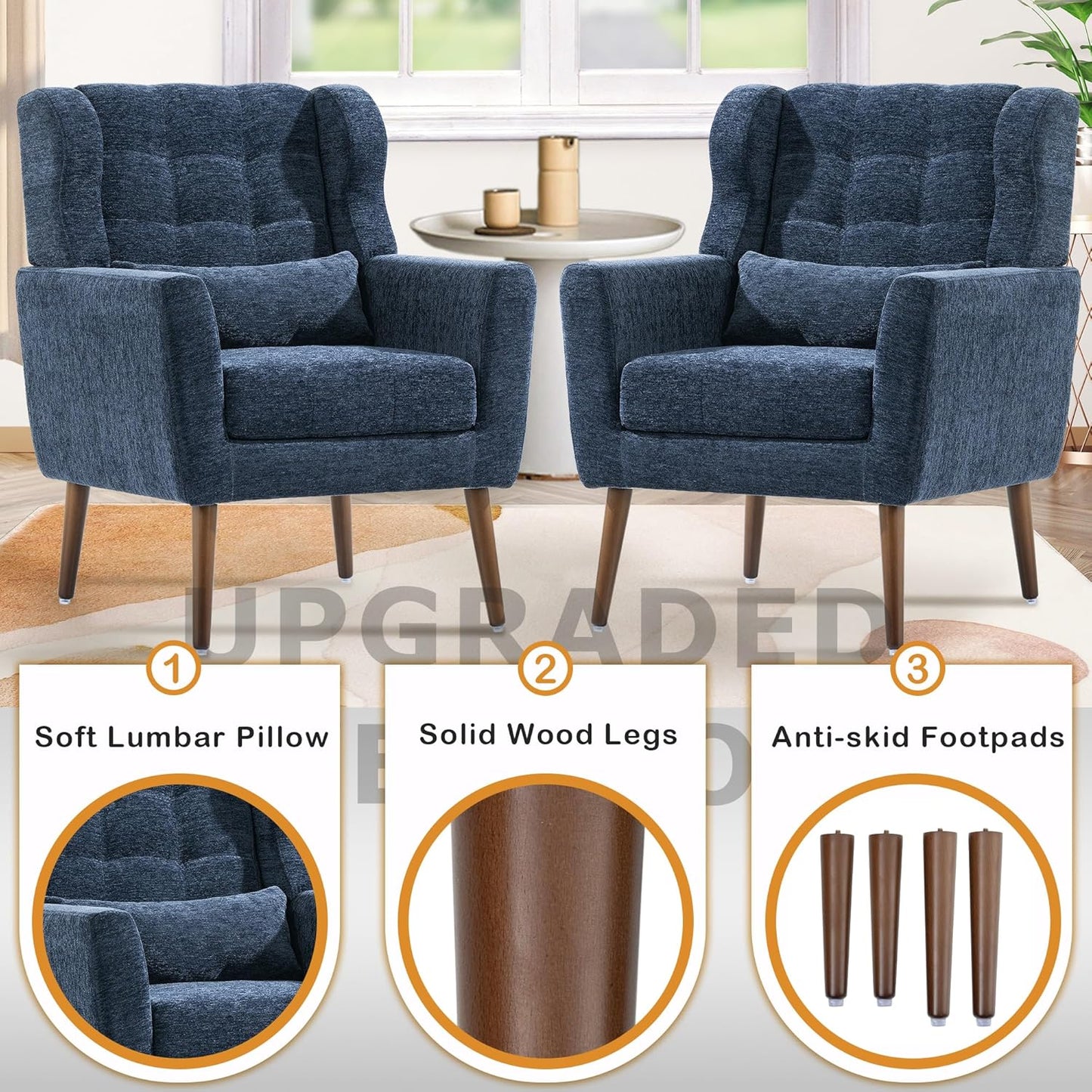 Modern Accent Chair, Upholstered Armchair with Pillow, Fabric Single Sofa Chair with Lounge Seat and Wood Legs Accent Chair for Living Room Bedroom Small Spaces (Dark Blue)