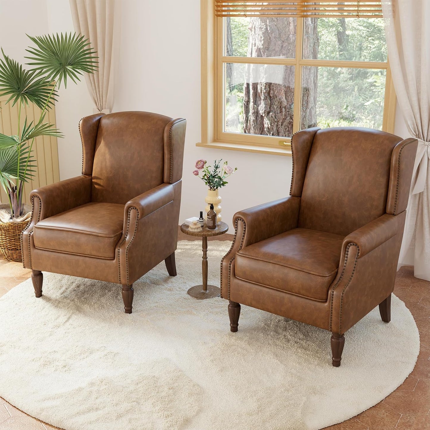 Accent Chairs, Faux Leather High Back Armchair setof 2 or Living Room, Comfy Upholstered Single Sofa Reading Chairs with Solid Wood Legs for Office, Bedroom, Waiting Room-Leather Brown