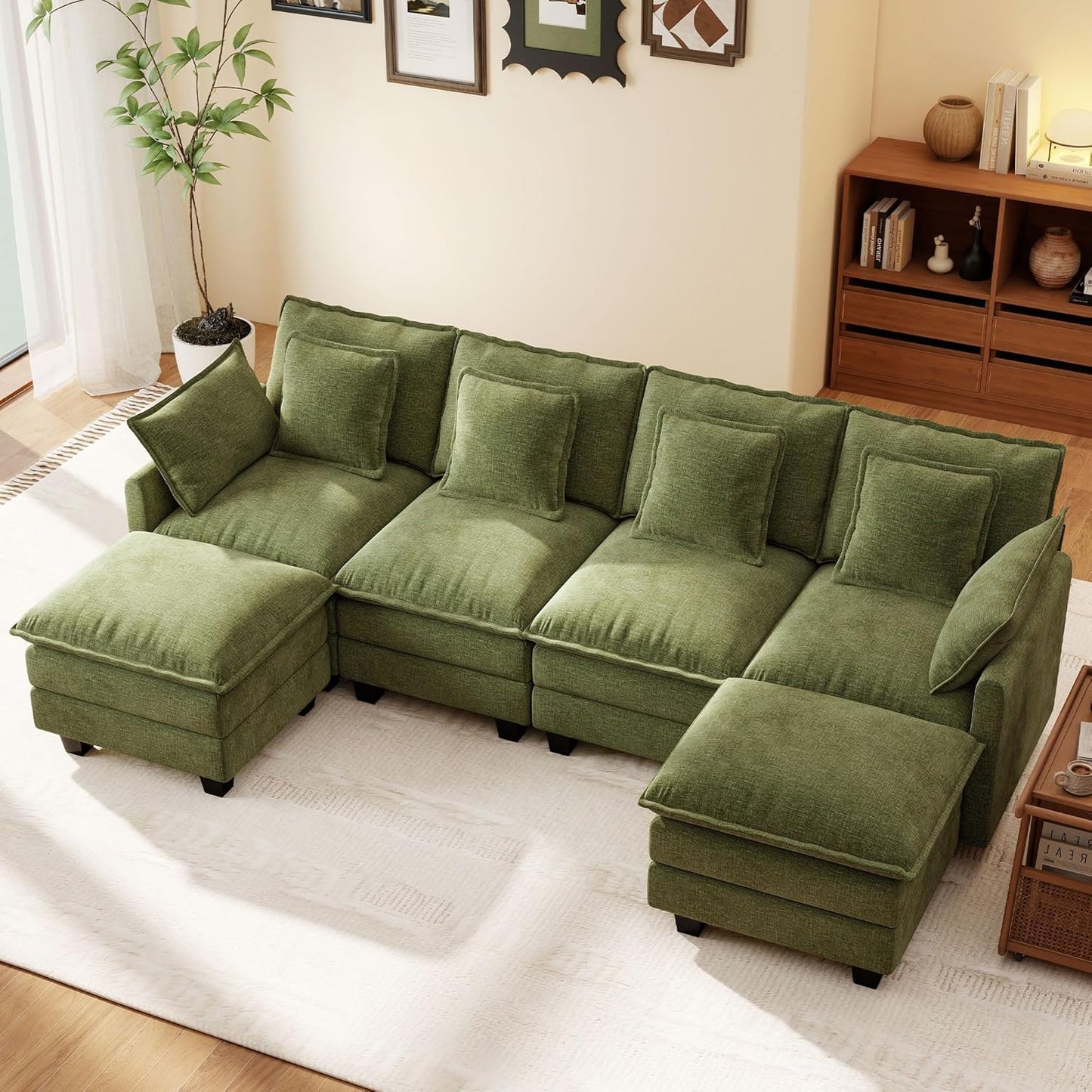 Ihanherry 106" L Shaped Modular Sectional Cloud Sofa, Modern 6 Seat Chenille Couch with Ottoman for Living Room, Bedroom and Apartment, Green