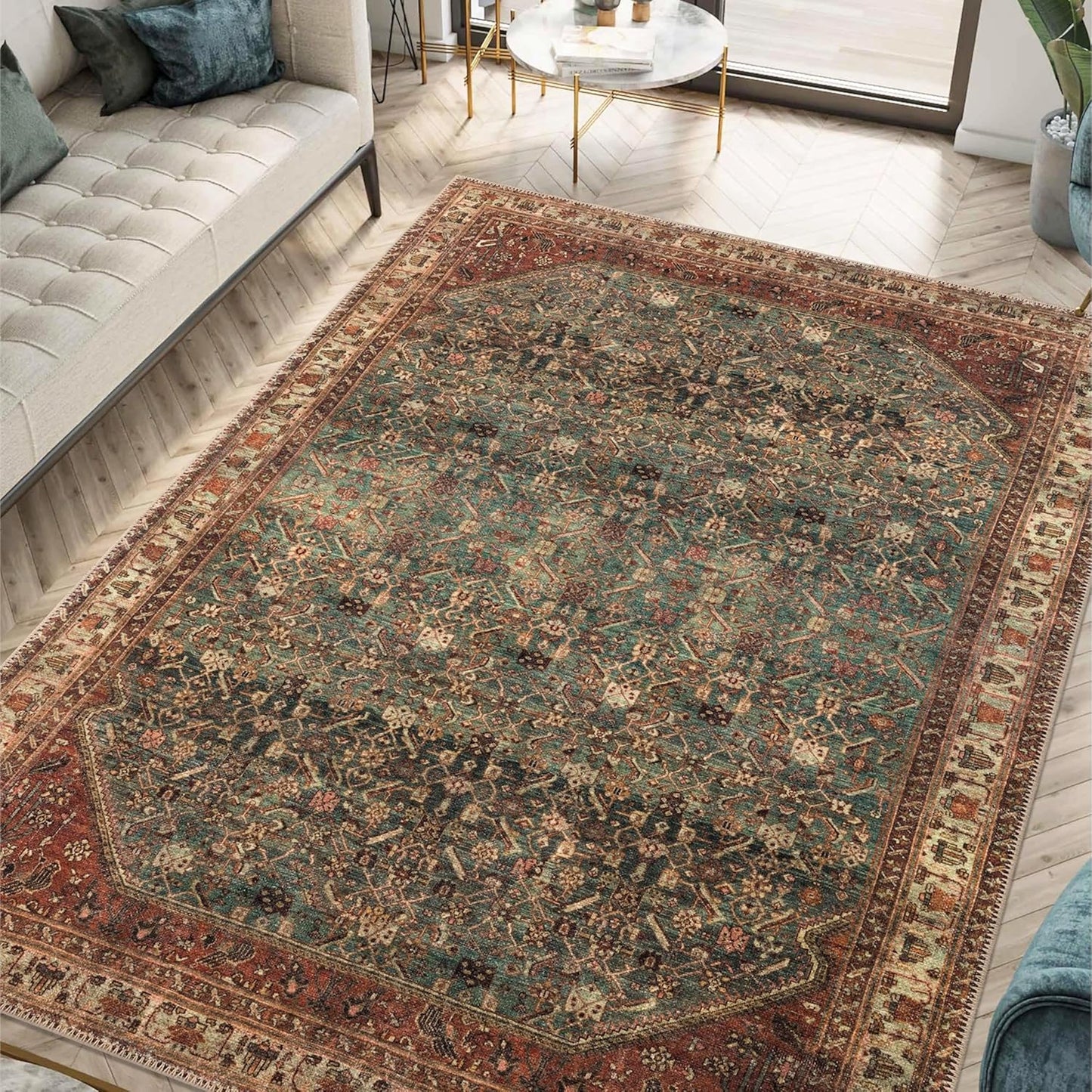 Keen Home Design 9x12 Rug - Machine Washable Area Rug with Non-Slip Backing, Ideal for Living Room, Dining Room, Bedroom - Vintage, Easy Clean, Durable, Low Pile Rug - (9' x 12')