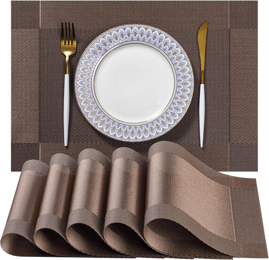 LEXMORE Placemats Set of 12 Vinyl/Plastic Woven Place Mats for Kitchen Table Indoor/Outdoor Washable Placemat Wipeable Dining Table Mats(G-Brown Cube)