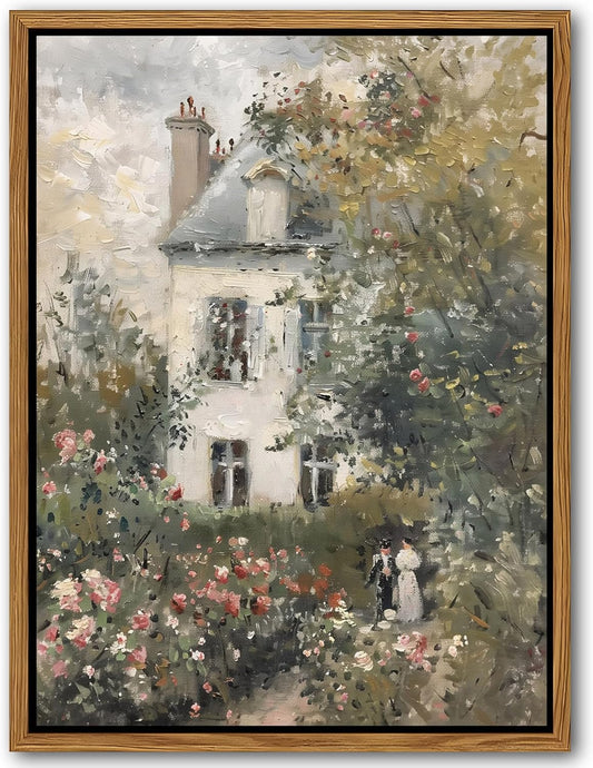 Floating Framed Canvas Vintage Wall Art, Neutral English Cottage Rose Garden Oil Paintings Print, Spring Pictures Wall Decor for Living Room Hallway Bedroom Office Rustic Decor 16x24 inch