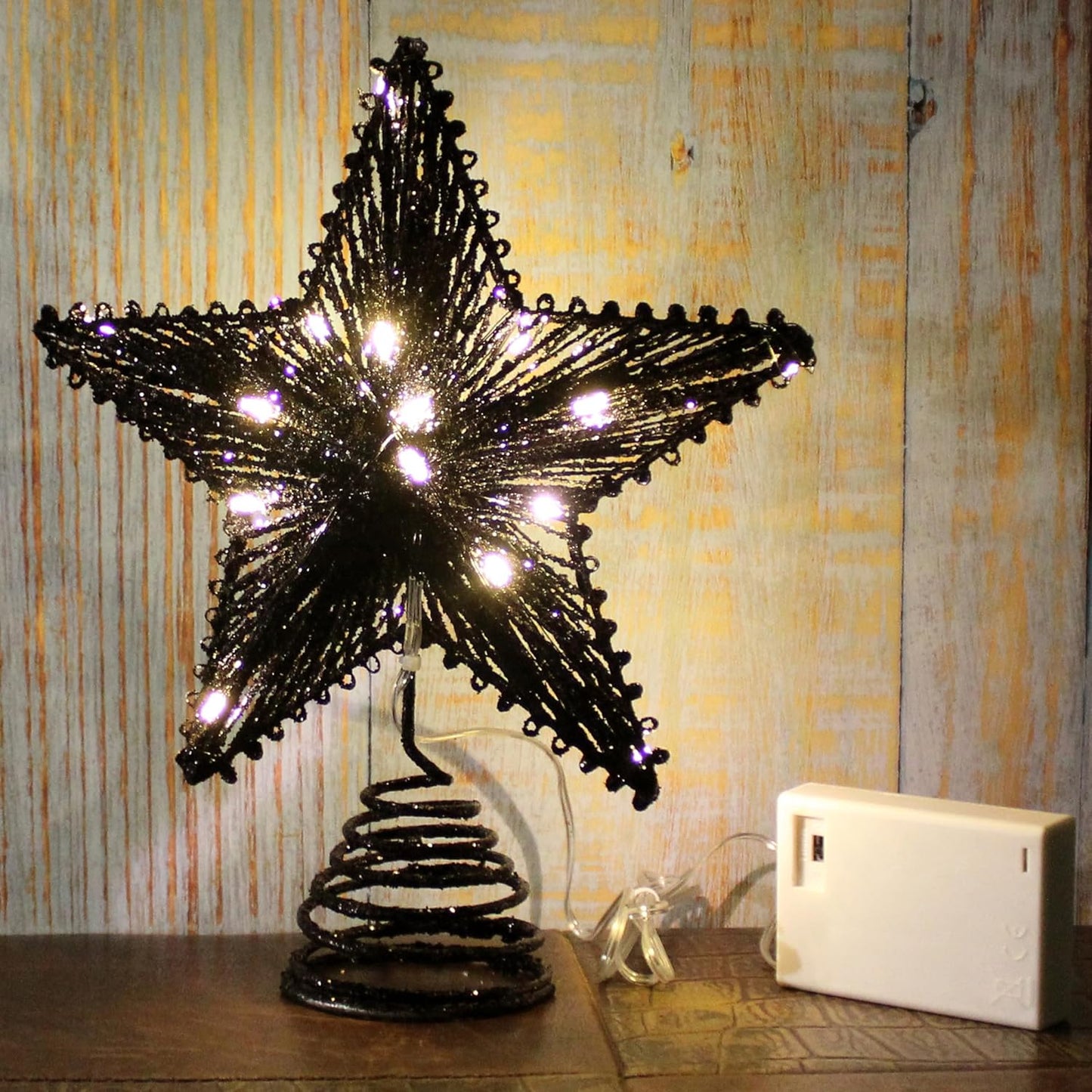 CVHOMEDECO. Tree Top Star with Warm White LED Lights and Timer for Christmas Ornaments and Holiday Seasonal Décor, 8-Inch (Black)