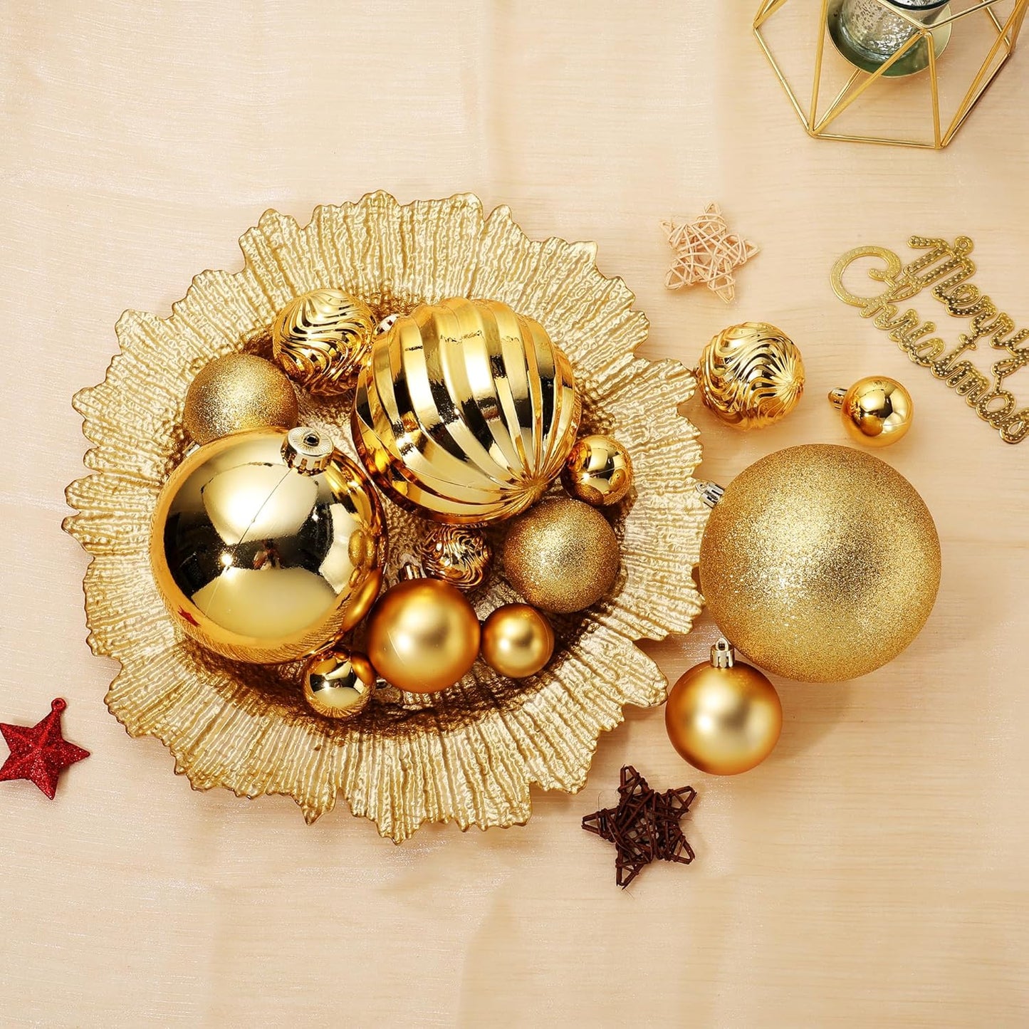 Christmas Ball Ornaments for Xmas Decorations,50 pcs Christmas Extra Large Tree Shatterproof Ornaments-Gold (Combo of 5 Style in 3 Sizes)