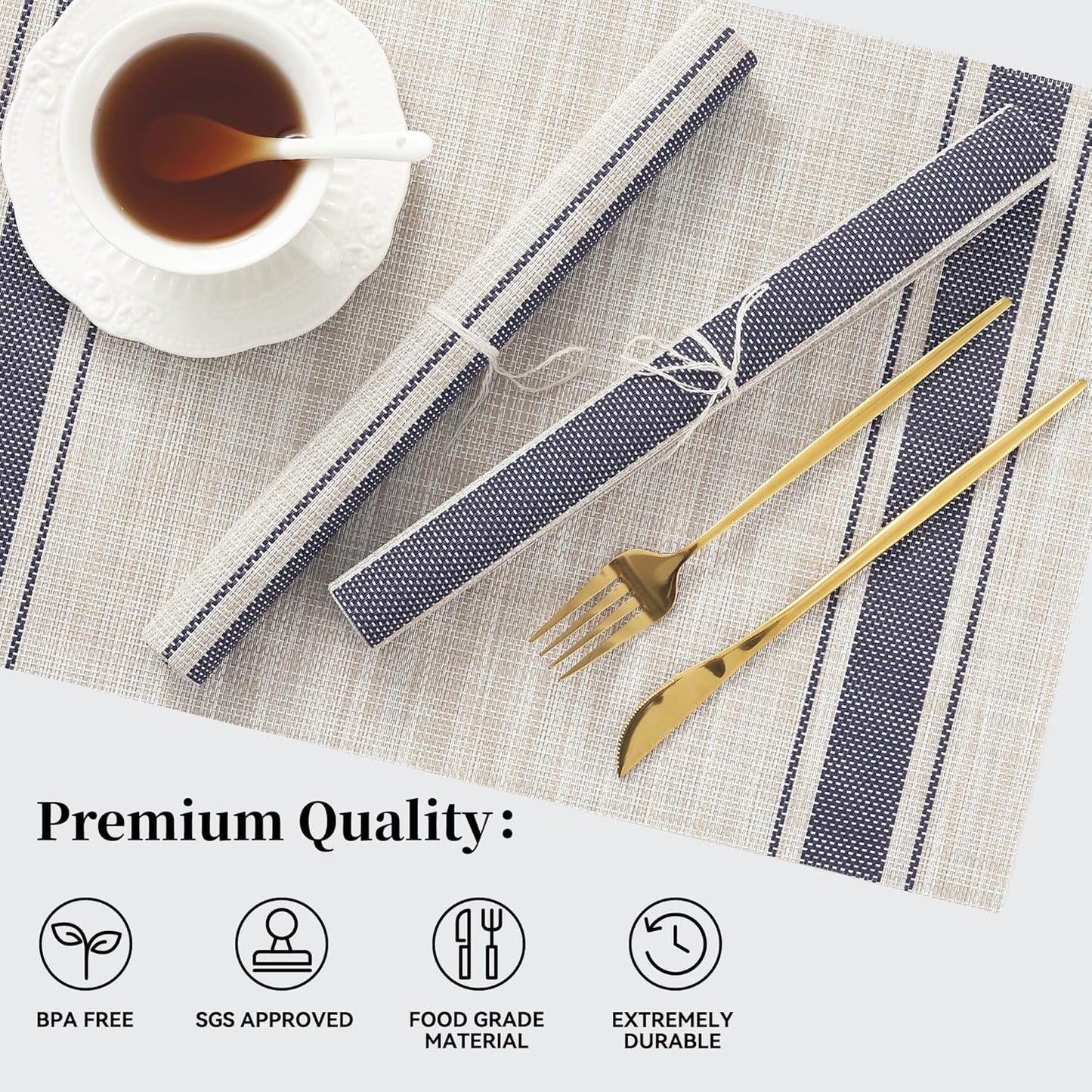 Leetaltree Khaki-Blue Placemats, Heat Resistant Non-Slip Place mats for Dining Table, Washable Durable PVC Vinyl Woven Table Mats (Set of 4)