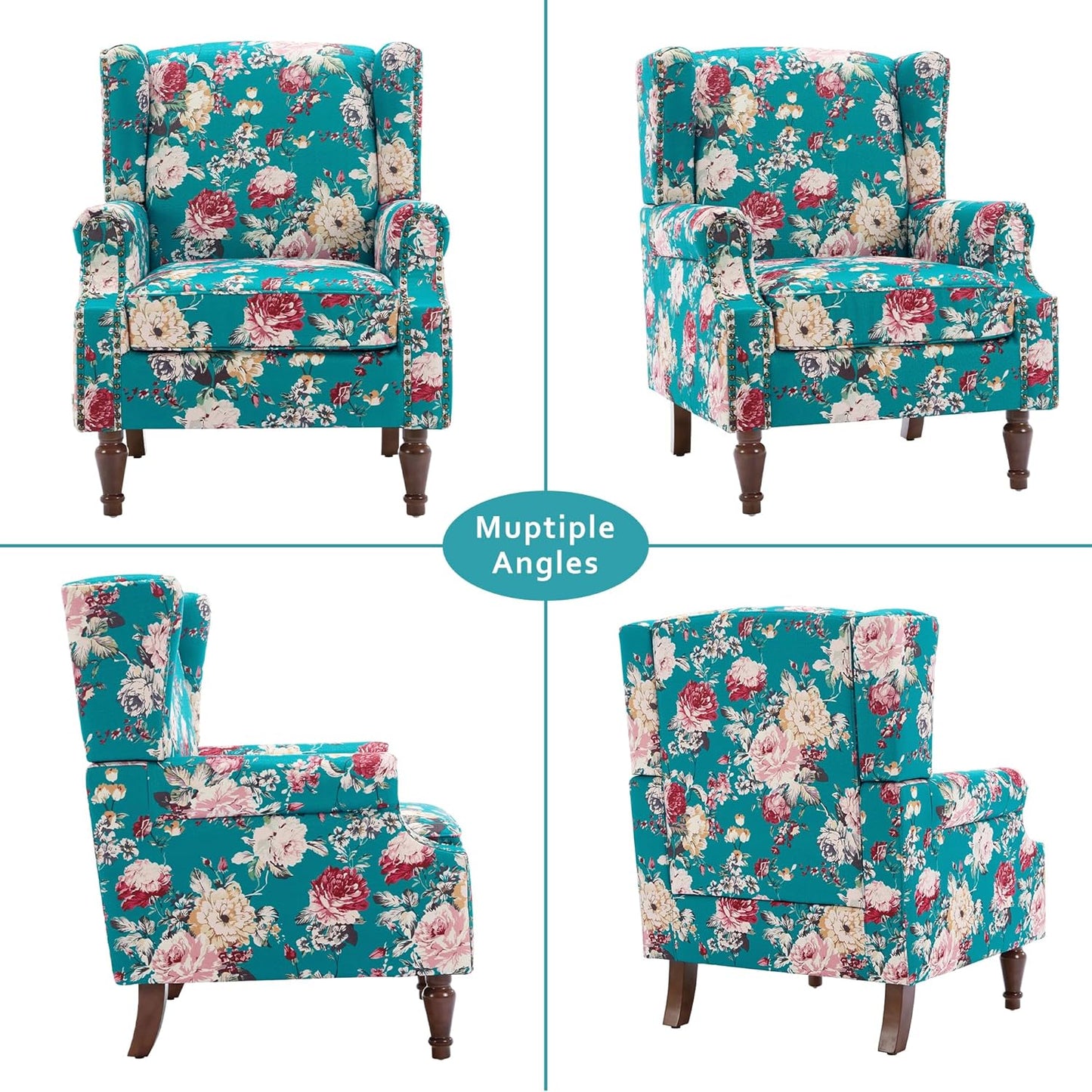 Lumibee Wingback Accent Chair,High Back Floral Armchairs in Fabric,Comfy Upholstered Reading Single Sofa Chair with Solid Wood Legs for Living Room,Bedroom,Office-Peacock Blue