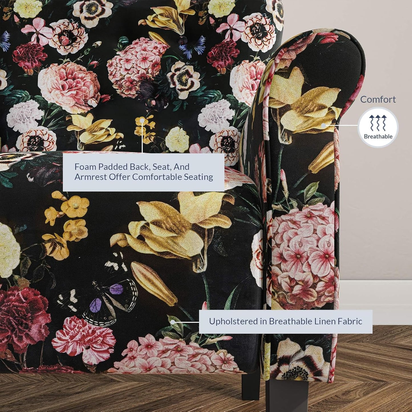 BELLEZE Modern Accent Chair for Living Room, High Back Linen Armchair with Wooden Legs, Upholstered Wingback Side Chair Padded Armrest Single Sofa for Living Room, Bedroom - Allston (Black & Flower)