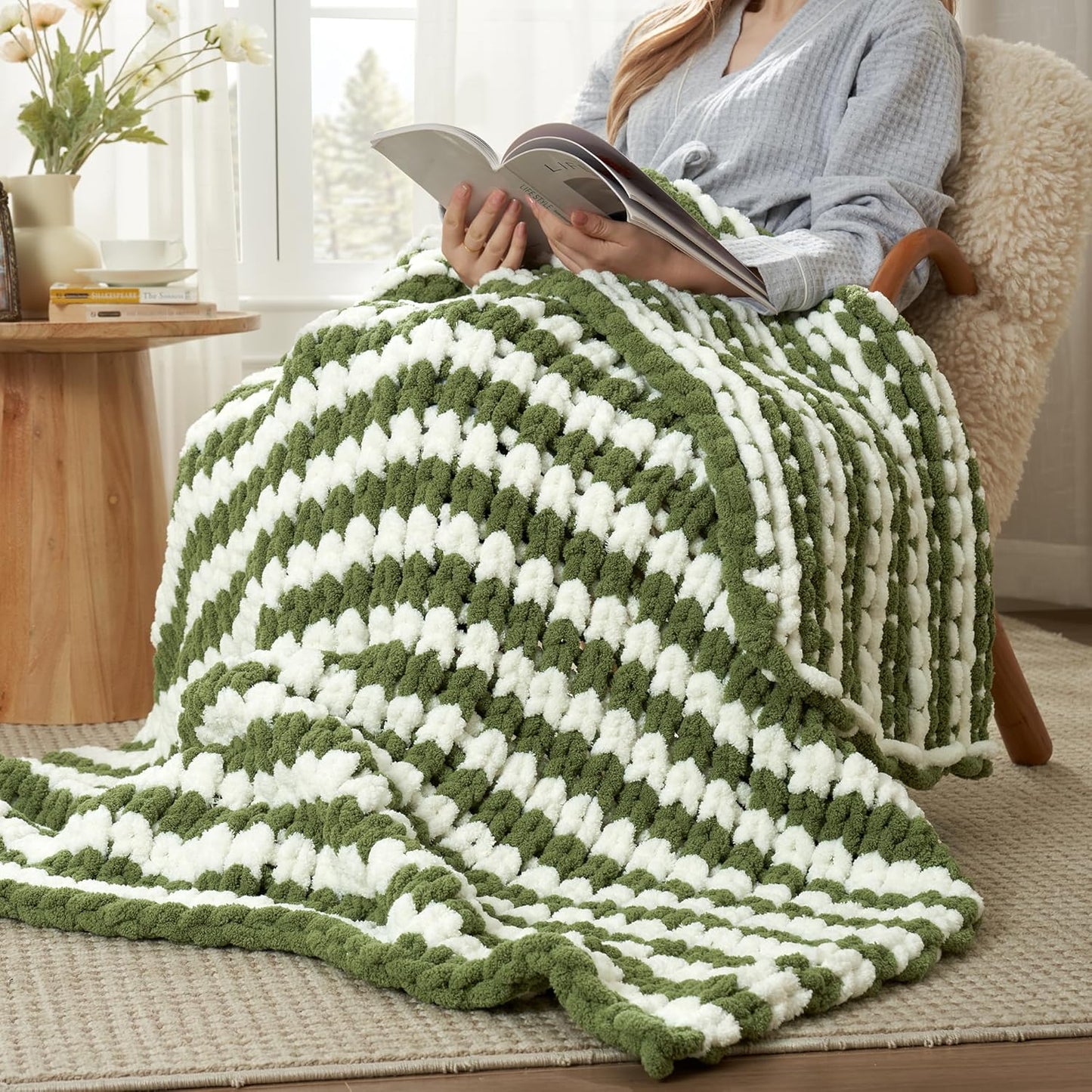 Amélie Home Chunky Knit Throw Blanket for Couch, Soft Chenille Crochet Blanket for Sofa, 50"x60", Sage Green & White Striped