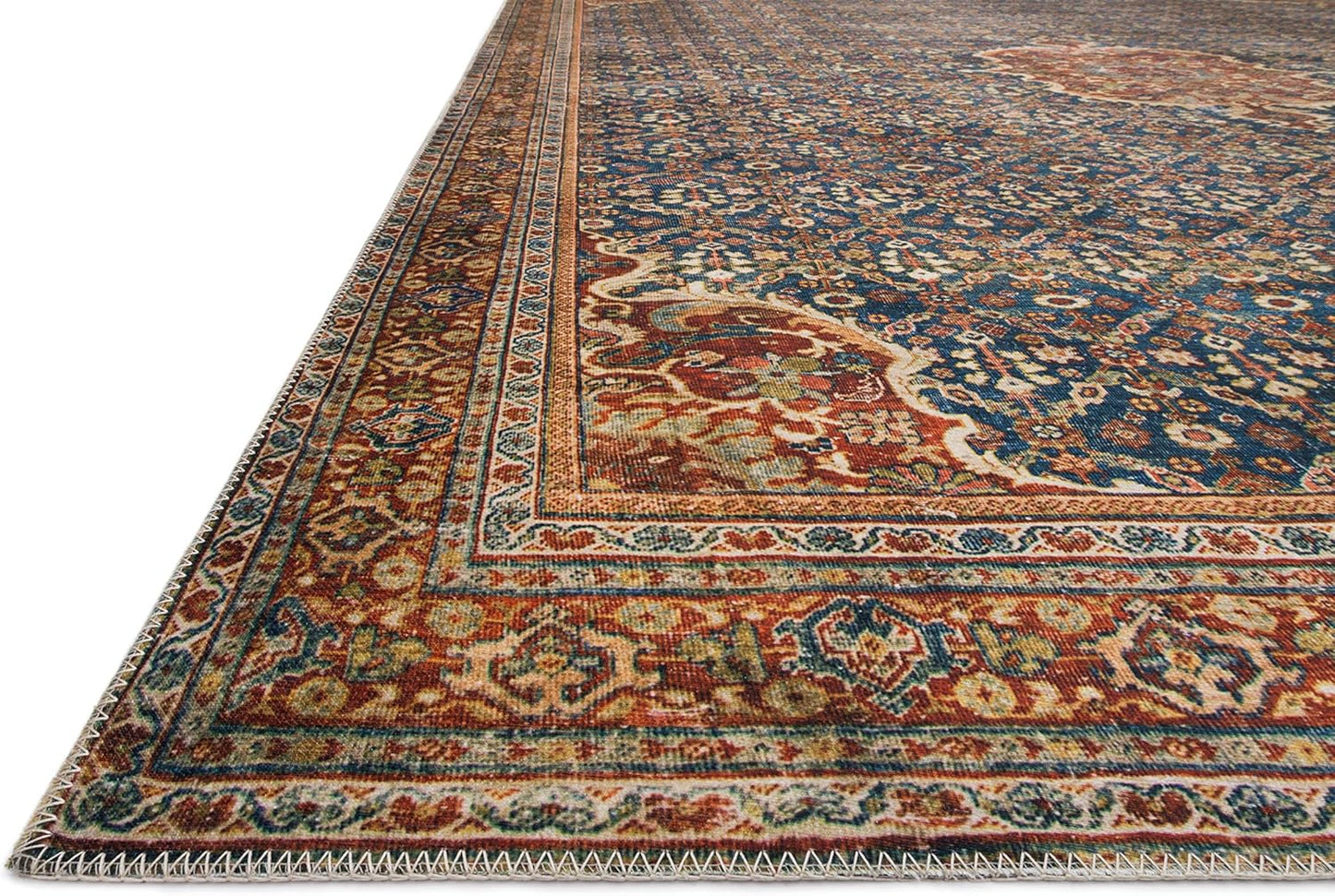 Loloi Layla Collection LAY-09 Cobalt Blue/Spice 2'-6" x 12'-0" .13" Thick Runner Rug, Soft, Durable, Vintage Inspired, Distressed, Low Pile, Non-Shedding, Easy Clean, Printed, Living Room Rug