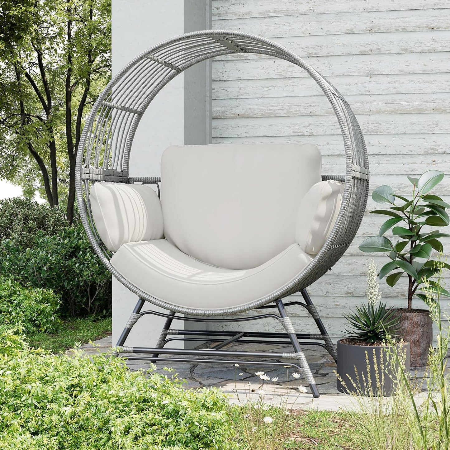 Egg Chair Outdoor Indoor, Oversized Rattan Chair with Thicken Cushion, 350LBS Capacity Wicker Patio Lounge Chair, Basket Chair for Living Room Balcony Porch Backyard, Grey/Light Grey