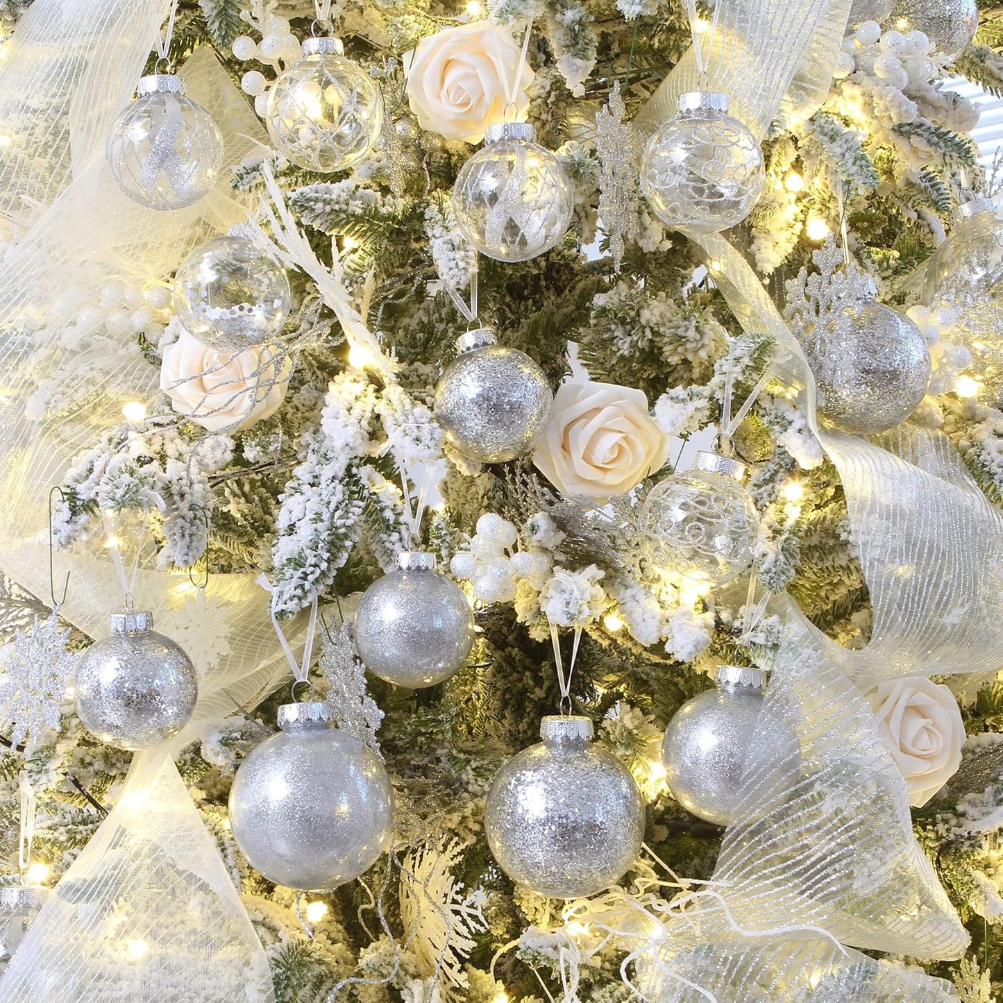 Sea Team Shatterproof Clear Plastic Christmas Ball Ornaments Decorative Xmas Balls Baubles Set with Stuffed Delicate Decorations (100mm/3.94 inch 16-Pack, Silver)