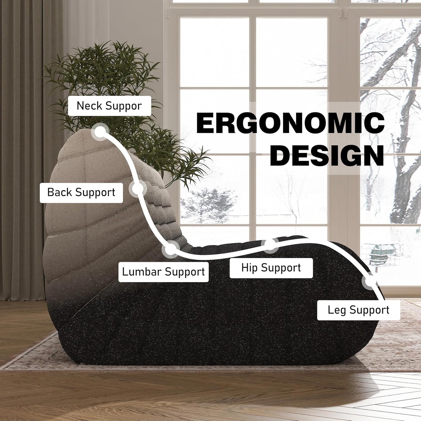 Bean Bag Chair, Oversized Fireside Chair Bean Bag Sofa Large Bean Bag Chair for Adults, 3 Seater Bean Bag Chairs for Teens with High Density Comfortable Foam, Bean Bag for Living Room(Black&White)