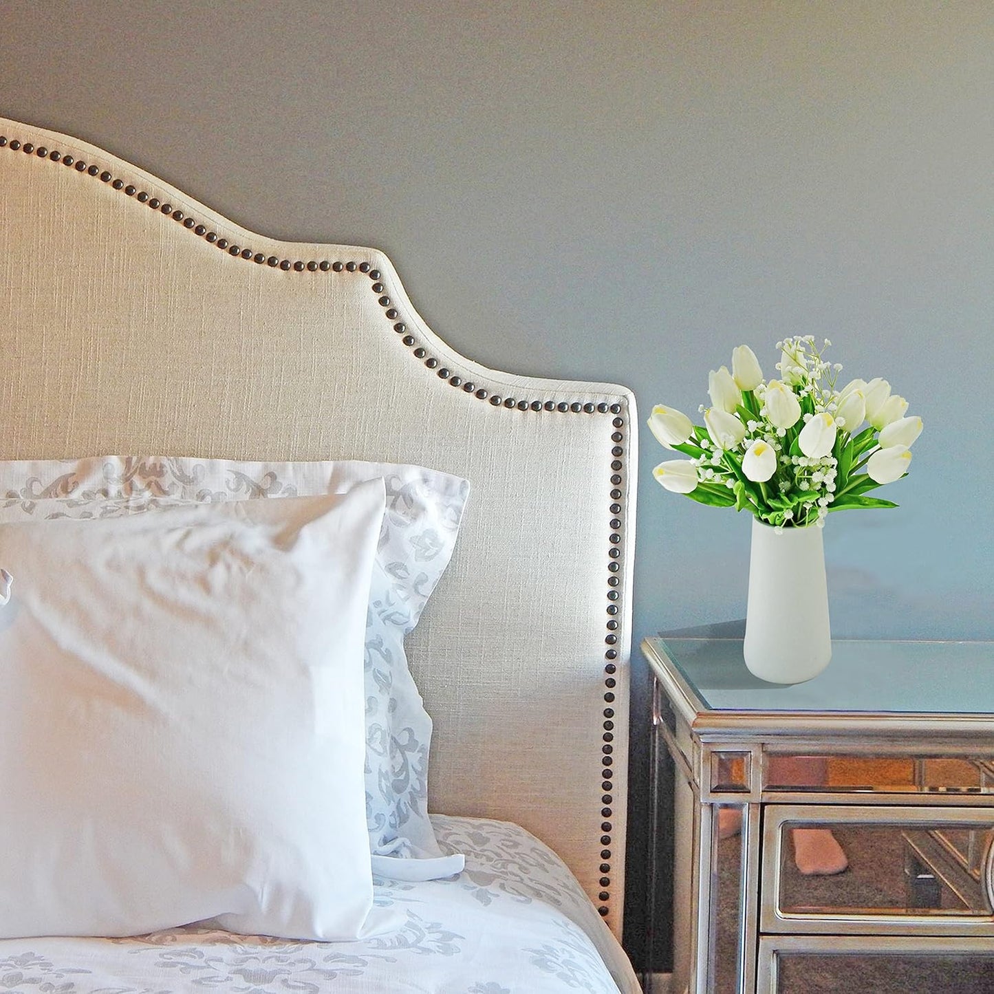 Mandy's Artificial Tulips 20 Stems White with 3pcs White Baby's Breath PU Faux Flowers for Wedding Home Decor 13.5 Inch