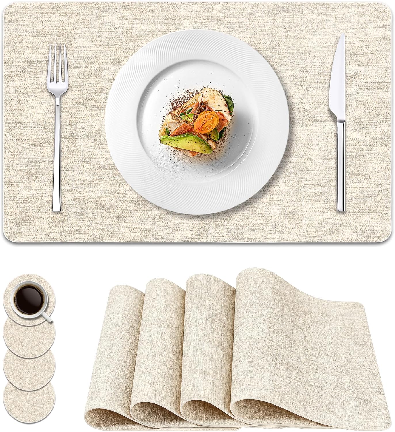 Vinyl Placemats Set of 4, Faux Leather Waterproof and Heat Resistant Place Mats, Washable Anti-Slip Table Mats with Coaster, Wipeable Placemats for Indoor & Outdoor 17" x 12" (Beige, Set of 4)