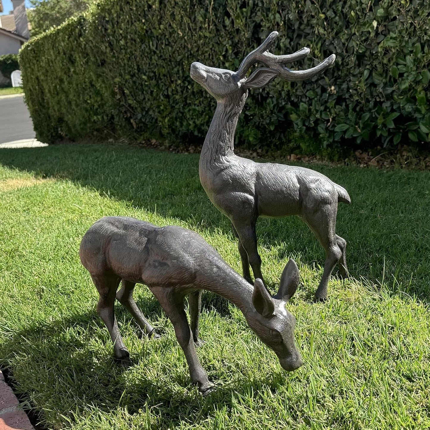 Elegant Pair of Cast Iron Deer Sculptures -22" and 11.4" Tall Male and Female Set for Outdoor Garden Decor, Realistic Animal Statues HC3672-5691