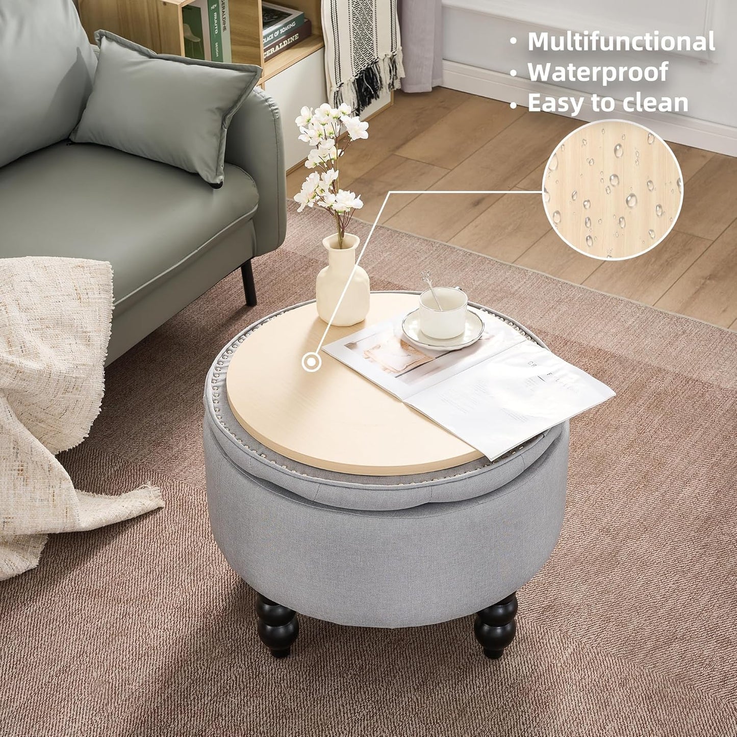 Fabric Round Ottoman with Storage, Upholstered Tufted Storage Footstool, Modern Wooden Coffee Table for Living Room, Bedroom,Light Grey