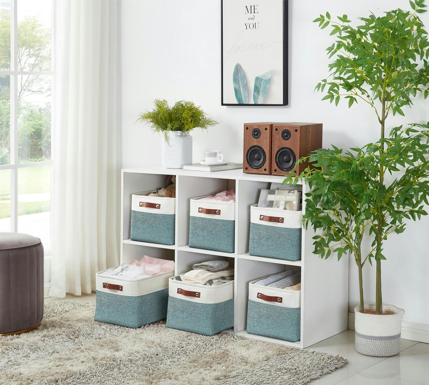 DECOMOMO Storage Bins Fabric Storage Baskets for Shelves, Linen Closet Organization Toys Nursery (Green and White, Large - 3 Pack)