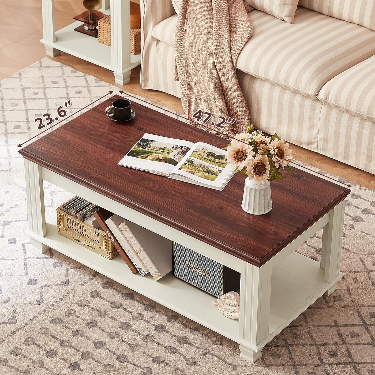 Farmhouse Coffee Tables for Living Room,Square Tea Table with Open Storage Shelf,Large Coffee Table,Rustic Wooden Center Table,White