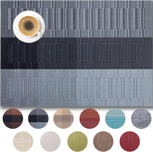 Placemats Set of 12 - Easy Clean Woven Vinyl Placemats for Dining Table, Indoor/Outdoor Place Mats, Washable PVC Table Mats （Silver Gray Black）