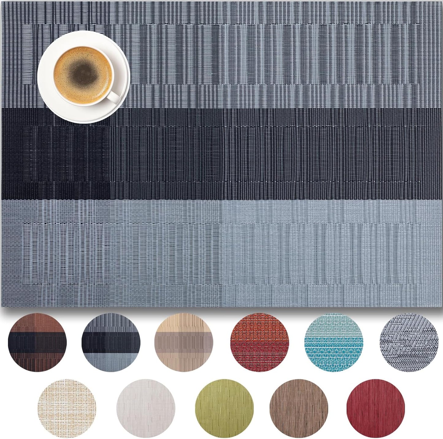 Placemats Set of 4 - Easy Clean Woven Vinyl Placemats for Dining Table, Indoor/Outdoor Place Mats, Washable PVC Table Mats （Silver Gray Black）