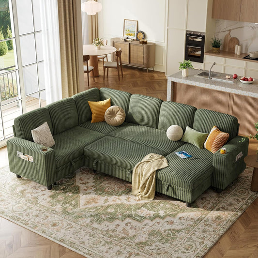 LINSY HOME Sectional Sleeper Sofa with Pull Out Couch Bed Convertible Plush Corduroy Cloud Couch with Storage Chaise & USB Charging, Comfy Modular Couches for Living Room (Green)
